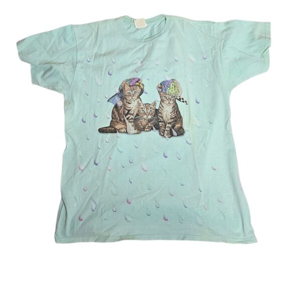 VINTAGE 90s mint green kittens in the rain short sleeve unisex tee shirt L - Picture 1 of 11